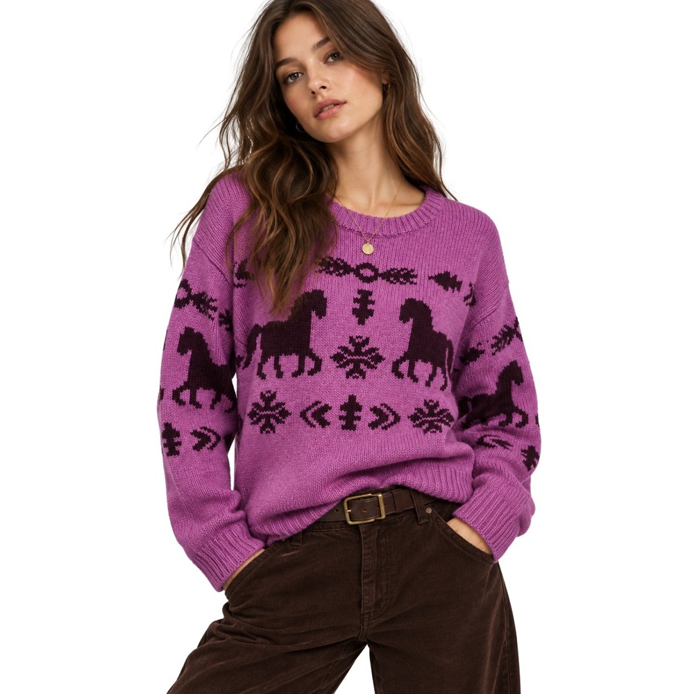 Sundance Sweater Womens Small Purple Horse Knit Crewneck Equestrian Western
